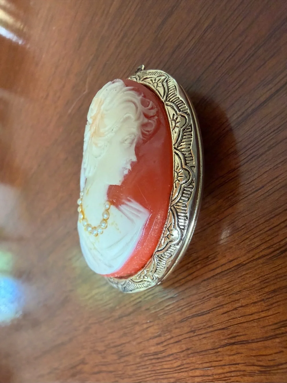 Vintage Locket Coral and Ivory Cameo Pendant Necklace